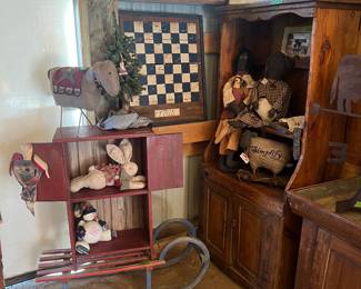 Red cabinet , $70 Blue and Red sled, $50, checkerboard $75