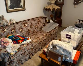 Vintage couch with matching end tables, coffee table, DR table, China cabinet and chairs 