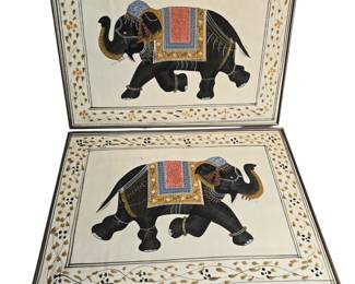 Pair Indian Elephant Painting on Silk
