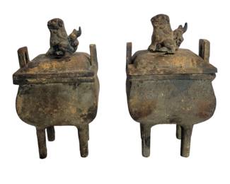 Pair Vintage Japanese Cast Iron Incense Censors