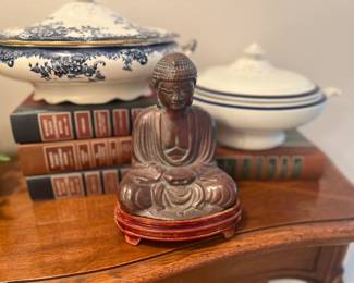 Bronze Buddha, Vintage covered blue and white dishes