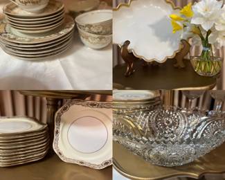Dessert set with 6 plates and 5 cups and saucers, Lenox serving bowl, set 12 square dessert plate with gold filigree border