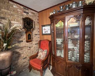 Stiffel clock, fireside chairs , Thomasville French country china cabinet