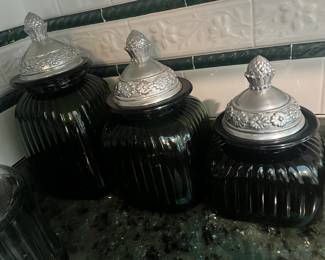 Green glass canisters with Pewter lids,