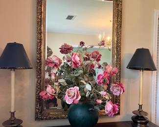Large Mirror, Cabbage Rose Floral ,  Brass Buffet Lamps