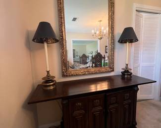 Server for Large Dining Table with 8 chairs, 2 leaves, china cabinet and buffet
Large gold leaf mirror and Brass buffet lamps