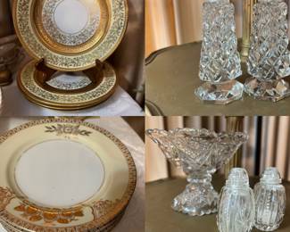 Set 4 Gold  Bavarian Encrusted Dinner Plates , antique tall crystal salt and pepper shakers, Set 5 dessert plates , pressed glass comport, salt and pepper shakers 