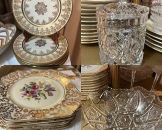 Set 6 Bavarian Gold Encrusted Dinner Plates,  small crystal lidded jar, set 5 square dessert plates, Pressed glass Bowl