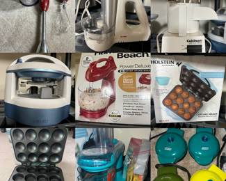 Wolfgang Puck Wand Mixer, salad maker, Cuisinart food processor, black and decker jar opener, new in box stand mixer, new in box cupcake baker, cupcake baker electric mandoline, mini waffle makers 