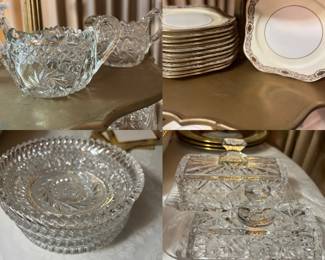 Antique crystal sugar and creamer, 12 square dessert plates, set 4 crystal berry bowls, 2 crystal covered butter dishes