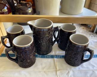 Brown Stoneware Pitcher & Mugs in grape pattern 