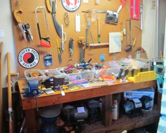 Large selection of hand tools, power tools, grinders, wheelbarrows, Gun/ammo reloading supplies, vices