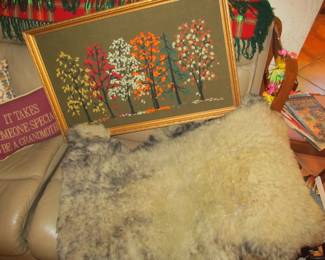 mid-century art and a vintage 1970s sheep skin