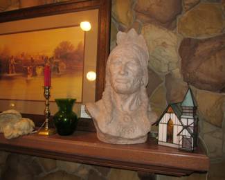 Native American sculpture bust, elegant stained glass church
