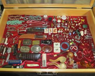 Great collection of costume jewelry, knives, collectibles coins, paper money, handmade smoking pipes, antique watches, Apple products, Obsidian stones, 1886 coin bag, 1920s RARE condiment set and more.