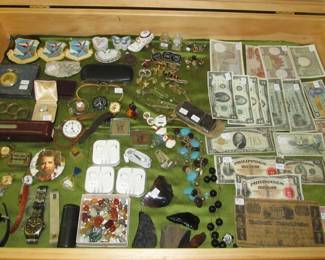 Great collection of costume jewelry, knives, collectibles coins, paper money, handmade smoking pipes, antique watches, Apple products, Obsidian stones, 1886 coin bag, 1920s RARE condiment set and more.