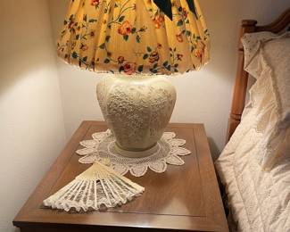 Vintage table lamp, doilies, fan