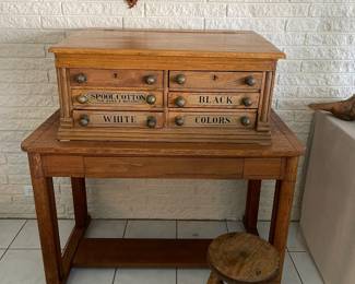 Spool cabinet, vintage oak table and an oak stool