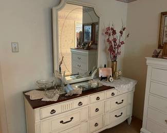 Vintage French Provincial dresser with lots of storage and mirror, vintage glass pieces, art pieces