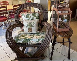 The 2nd twig chair, a side accent twig table and a large bird cage with birds and nests
