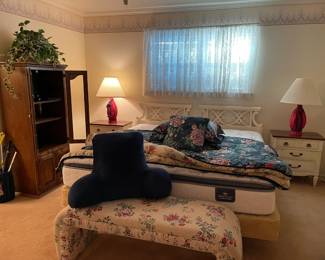 Vintage French Provincial bed frame, side tables, small entertainment cabinet, upholstered bench