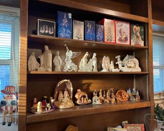 Lots of Nativity scenes from different countries,  glass trees, angels