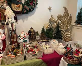 Christmas ornaments, large metal angel, small trees