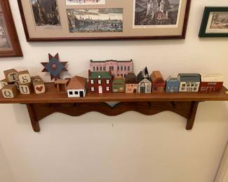 Wood shelf, wood houses and blocks