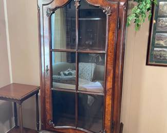 Antique burl display/china cabinet with storage drawer