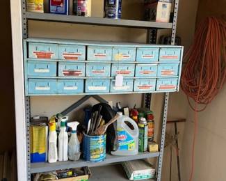 vintage 18 drawer metal cabinet on metal shelf