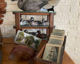 Vintage handmade duck decoys, viewer and double cards