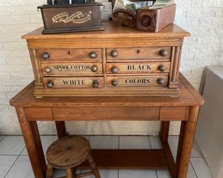 Spool cabinet,  Antique Edison Phonograph, and Stereoscopic viewer and double stereoscopic cards