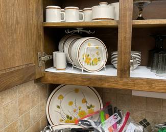 Looking at the Camelot stoneware "Spring Meadow" set including mugs, cream and sugar, salt and pepper and bowls