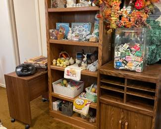 Easter decorations, wood book shelves and storage are for sale