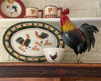 Rooster pottery and metal rooster