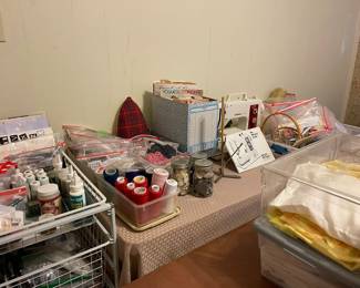 Threads, paints, brushes, craft items, buttons, tools, patterns 