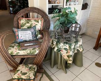 A close look at one of the twig chairs, accent table and handmade doll twig chairs