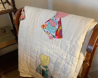Vintage handmade Sun Bonnet Sue Quilt, Wood quilt rack