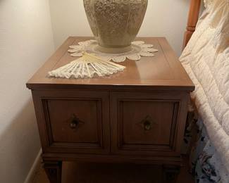 Vintage bedside table  with drawers, vintage ceramic table lamp and vintage fan