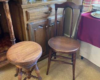 Antique oak piano stool with ball and claw feet, antique oak chair