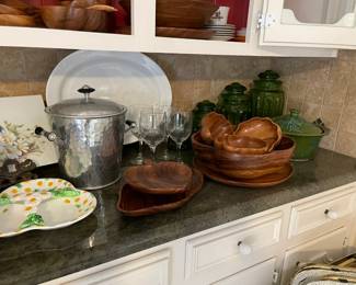 Vintage monkey pod pieces, pottery, green glass storage jars