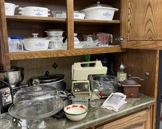 Vintage Pyrex, Cornflower, crock pot, antique coffee grinder, Oster food processor, 
