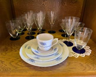 Vintage Johnson Bros. blue and white china, vintage stem ware with blue base