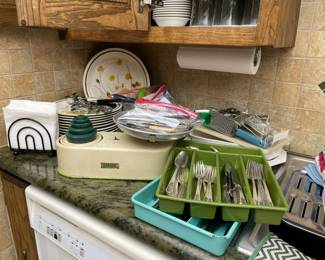 Flatware including vintage, vintage scale Harpea, made in England, vintage pottery, utensils