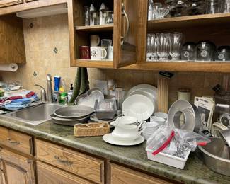 Baking items, white pottery, vintage glass ware, flatware