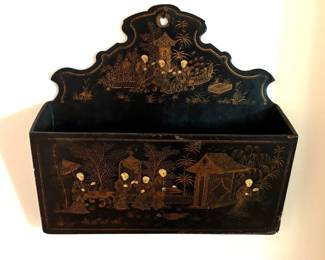 Japanese lacquer letter holder. There is also a small shelf. 
