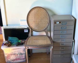Small chair, vtg metal file drawers.  Barbie