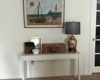 Antique Lamp AF, Lap Desk w/inlay. Table, etc. Document box is sold as is painting.