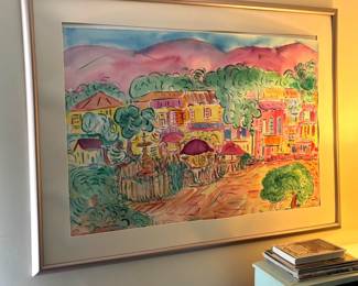 Lg Watercolor Provence, signed, missing plexiglass. 