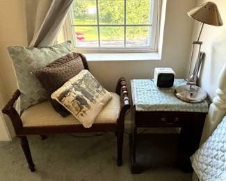 Pillows are sol..., bedside table, white curtains, lined with insulation. 